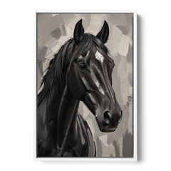 Horse Portrait Painting in Charcoal and Ivory - White Framed Canvas Wall Art - Front