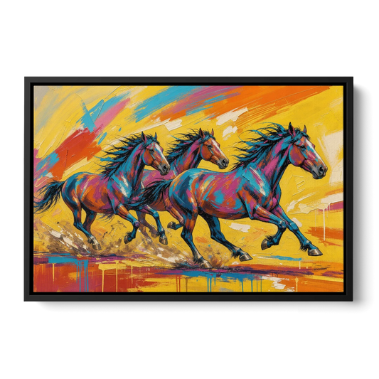 Horse Wall Art Three Mustangs in Electric Color - Black Framed Canvas Wall Art - Front