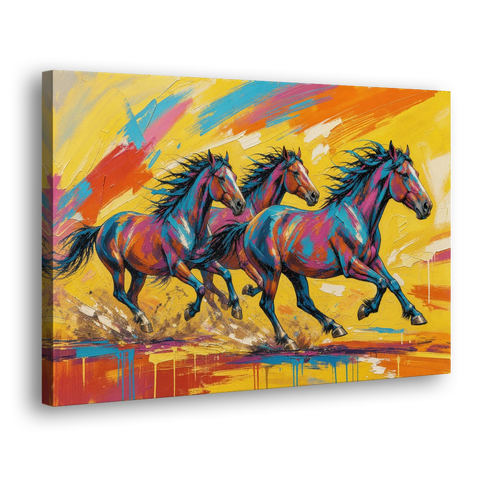 Horse Wall Art Three Mustangs in Electric Color - Canvas Wall Art - Side