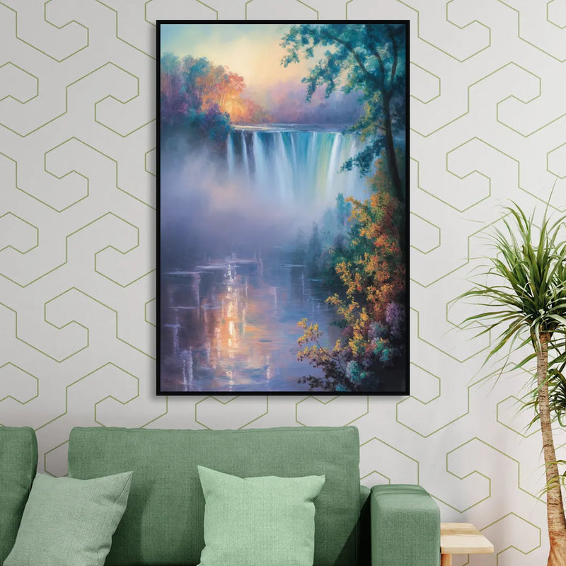 Horseshoe Falls Fog Living Room - Black Canvas Wall Art