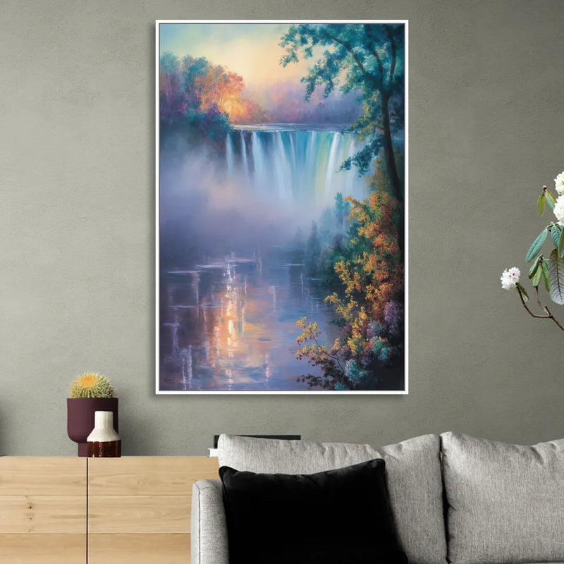 Horseshoe Falls Fog Living Room - White Canvas Wall Art