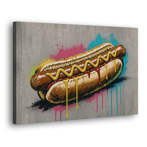 Hot Dog Art with Mustard Zigzag Drips - Canvas Wall Art - Side