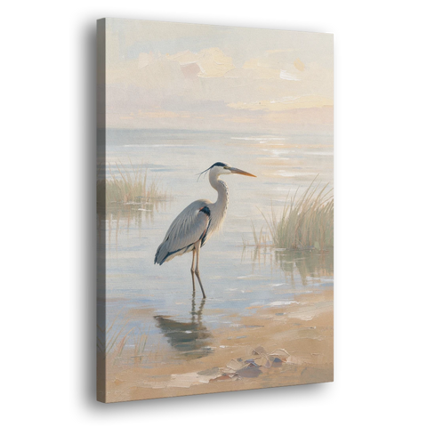 Hotel Room Decor with a Heron in Misty Shallows - Canvas Wall Art - Side