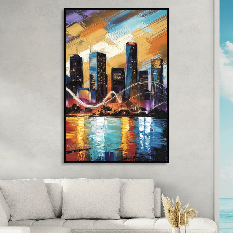 Houston Artistic Skyline Living Room - Black Canvas Wall Art