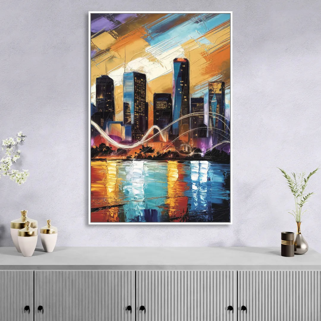 Houston Artistic Skyline Sitting Room - White Canvas Wall Art