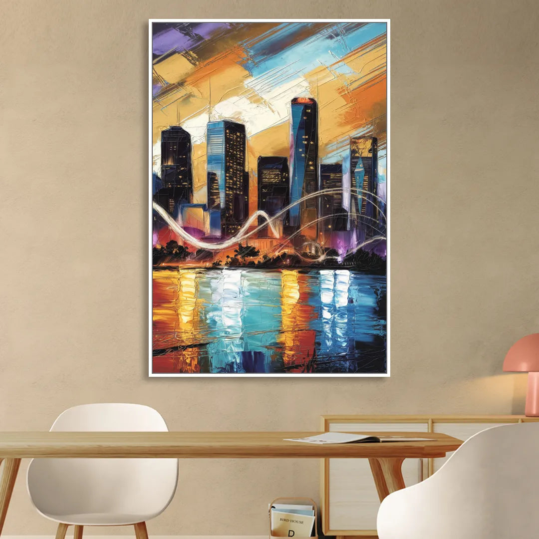 Houston Artistic Skyline Living Room - White Canvas Wall Art