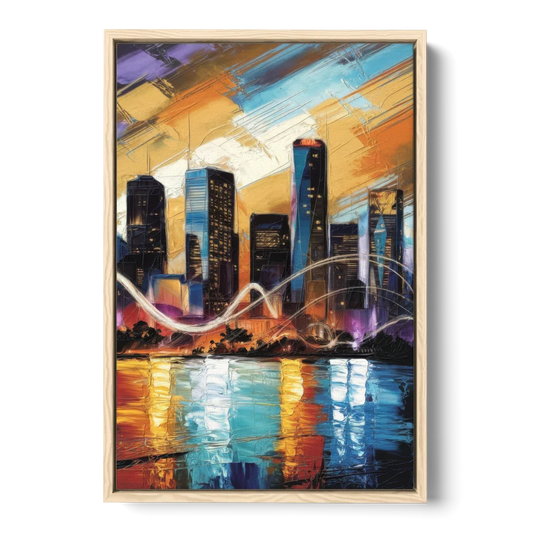 Houston Artistic Skyline - Oak Framed Canvas Wall Art - Front