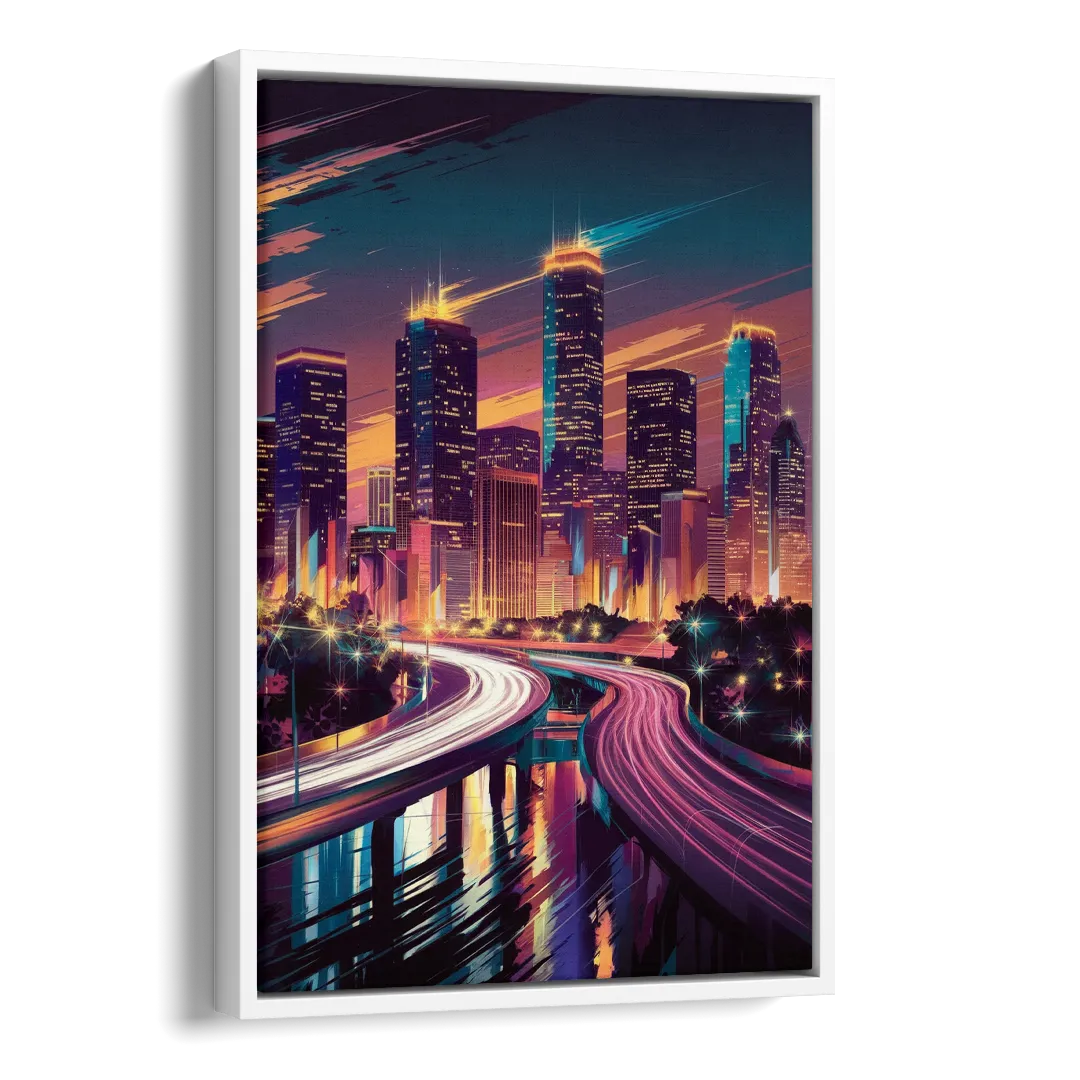 Houston City Lights Side - White Canvas Wall Art