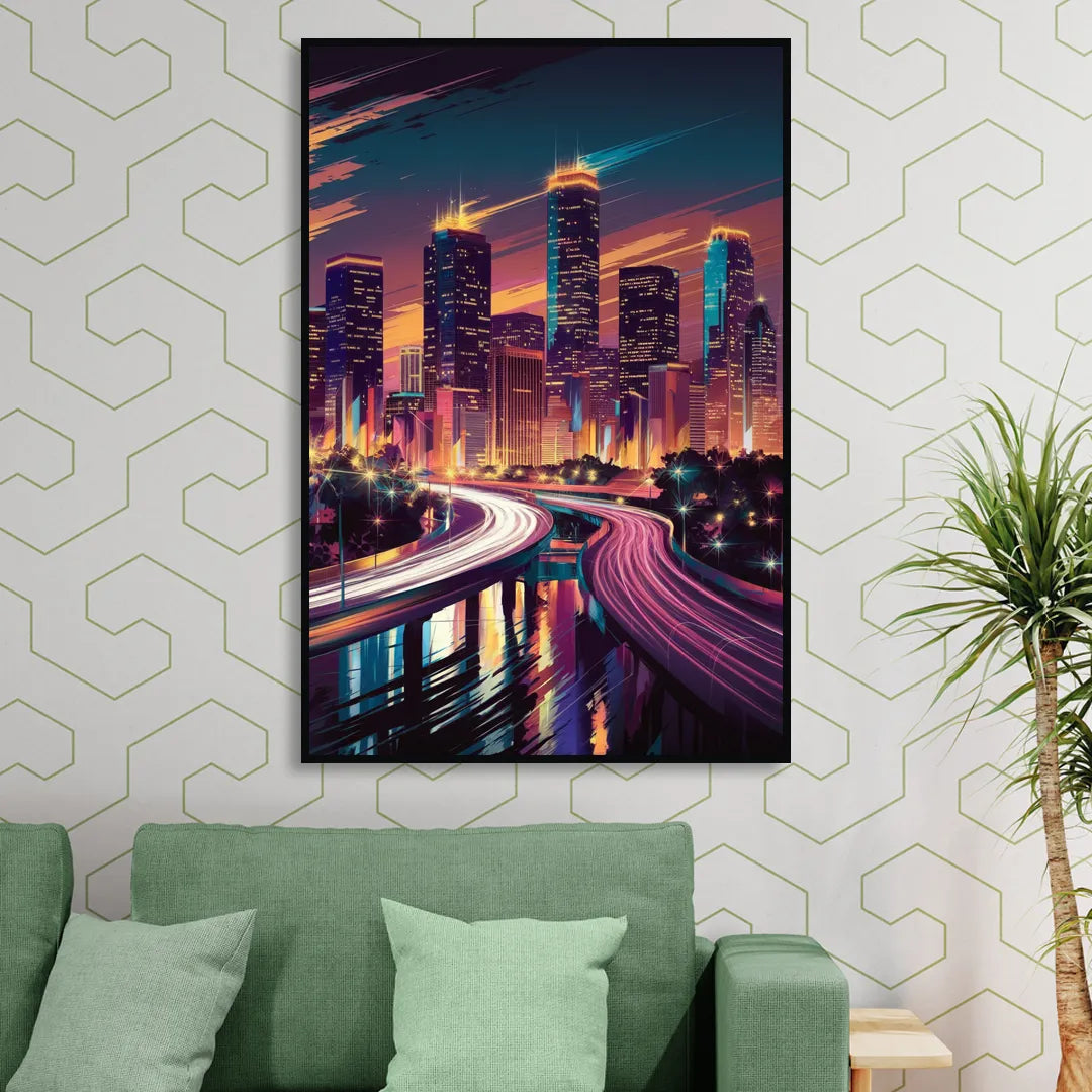 Houston City Lights Living Room - Black Canvas Wall Art