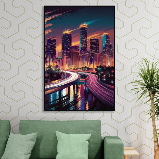 Houston City Lights Living Room - Black Canvas Wall Art