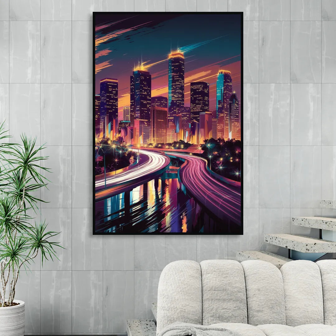 Houston City Lights Sitting Room - Black Canvas Wall Art
