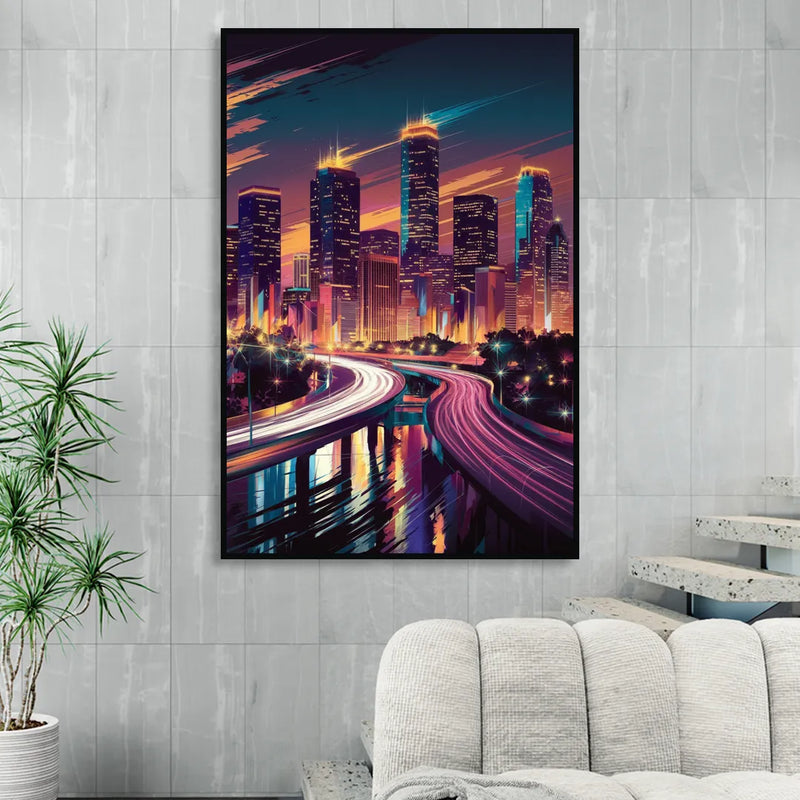 Houston City Lights Sitting Room - Black Canvas Wall Art