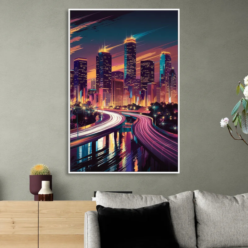 Houston City Lights Living Room - White Canvas Wall Art