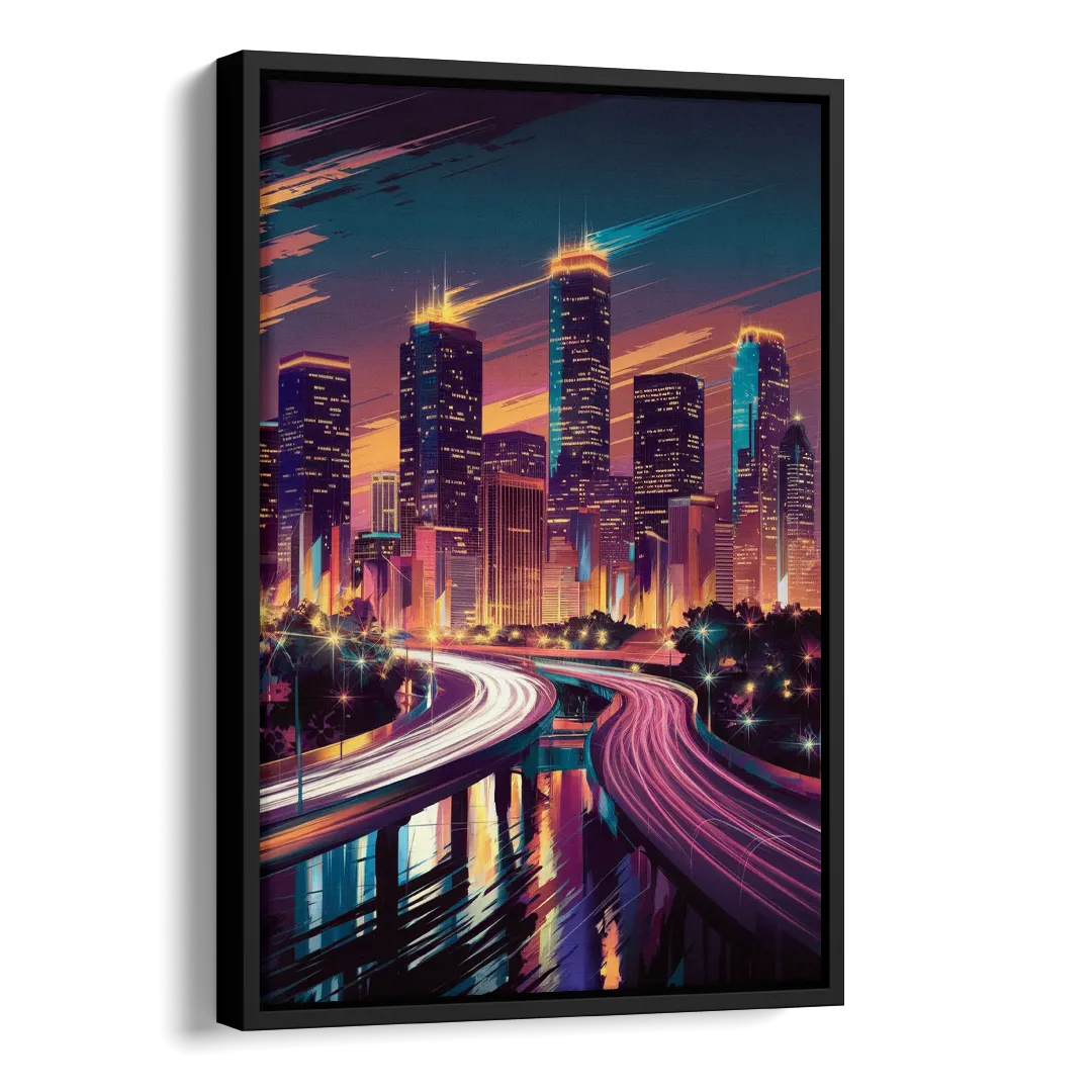 Houston City Lights Side - Black Canvas Wall Art