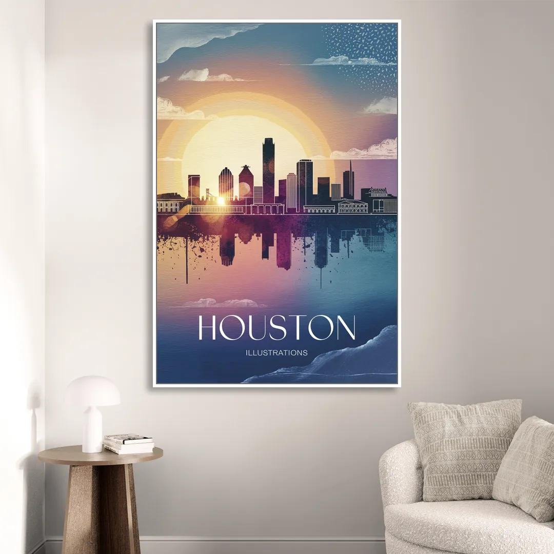 Houston Iconic Landmarks Living Room - White Canvas Wall Art