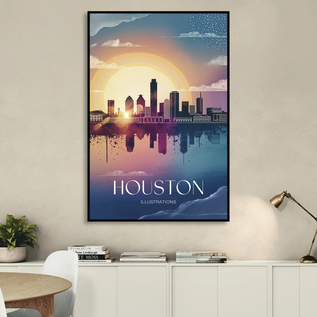 Houston Iconic Landmarks Living Room - Black Canvas Wall Art