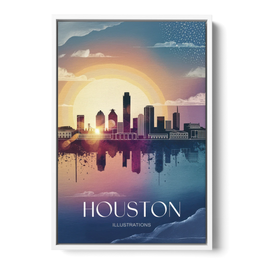 Houston Iconic Landmarks - White Framed Canvas Wall Art - Front
