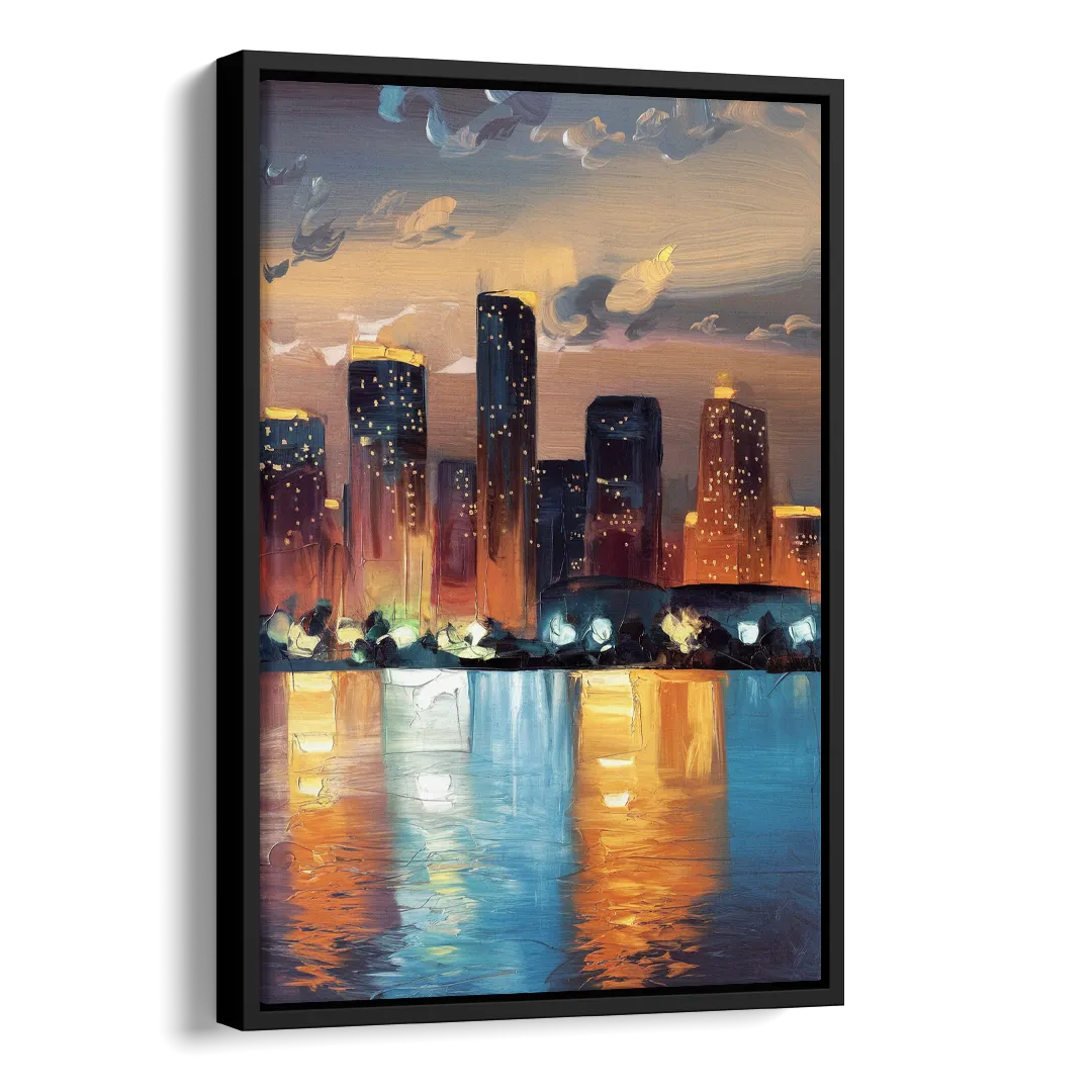 Houston Skyline Glow Side - Black Canvas Wall Art