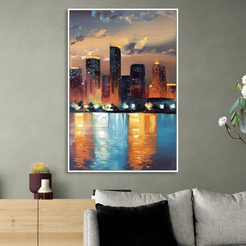 Houston Skyline Glow Living Room - White Canvas Wall Art