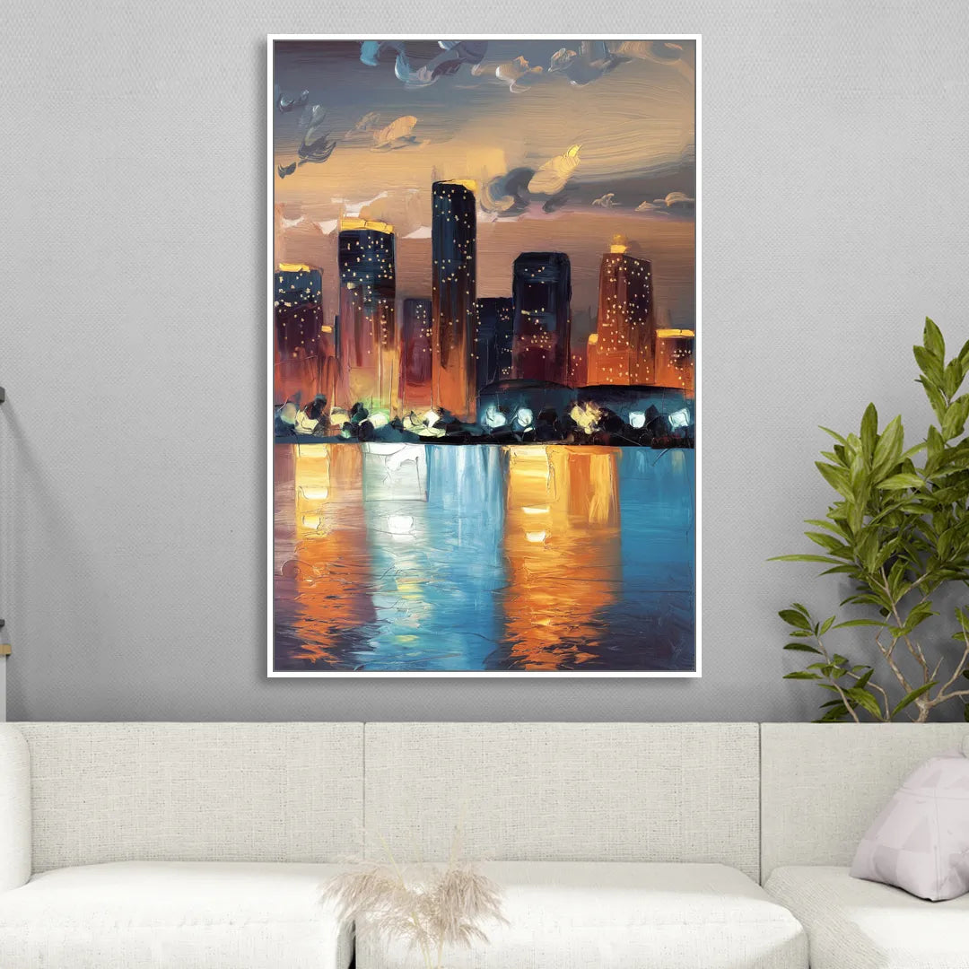 Houston Skyline Glow Sitting Room - White Canvas Wall Art