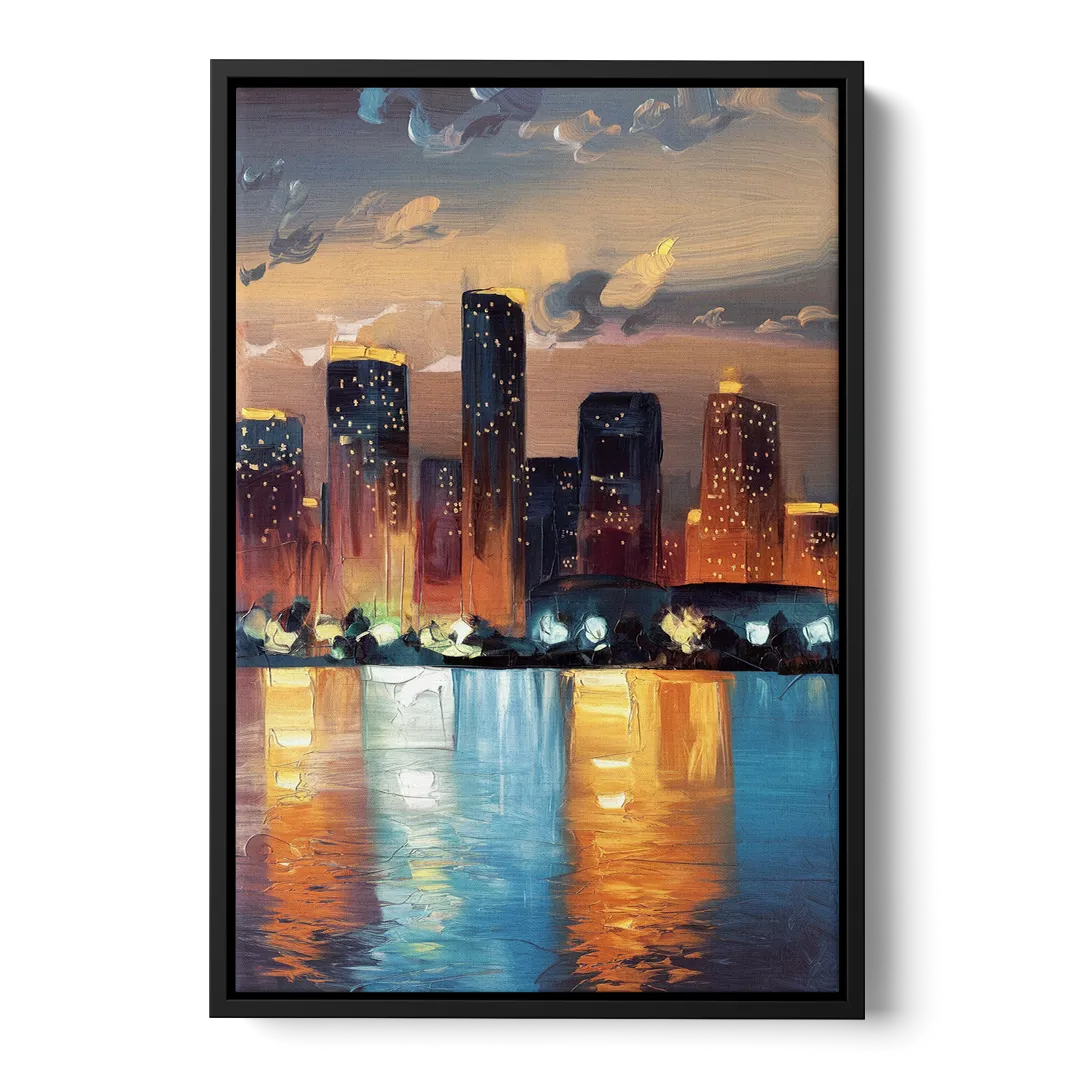 Houston Skyline Glow Front - Black Canvas Wall Art