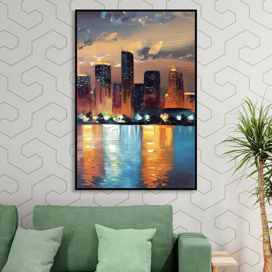 Houston Skyline Glow Living Room - Black Canvas Wall Art
