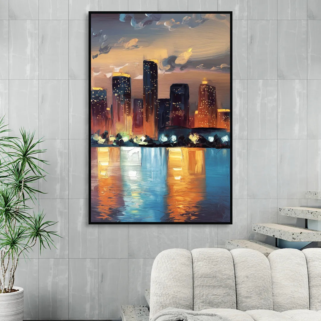 Houston Skyline Glow Sitting Room - Black Canvas Wall Art