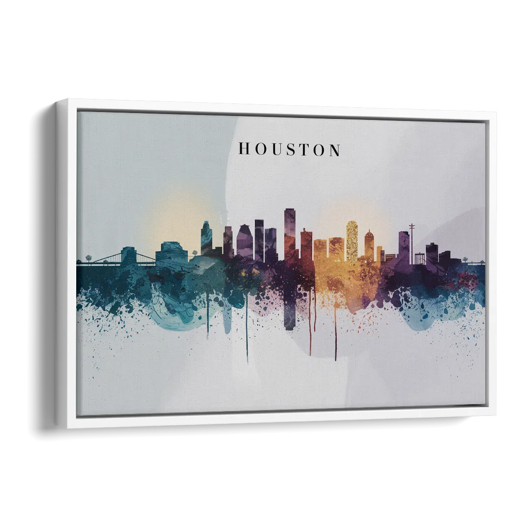 Houston Skyline Horizon Side - White Canvas Wall Art