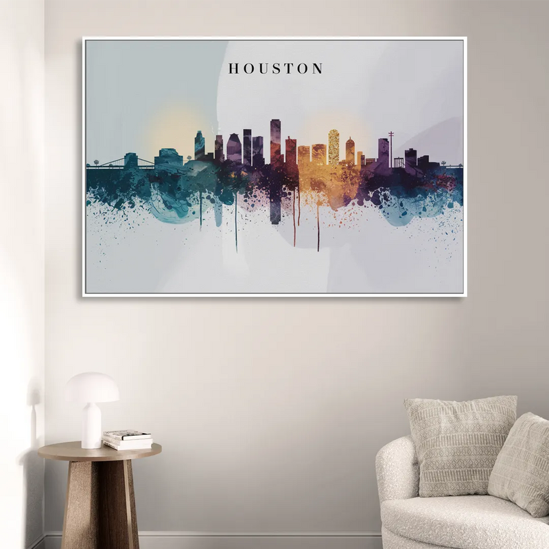 Houston Skyline Horizon Sitting Room - White Canvas Wall Art