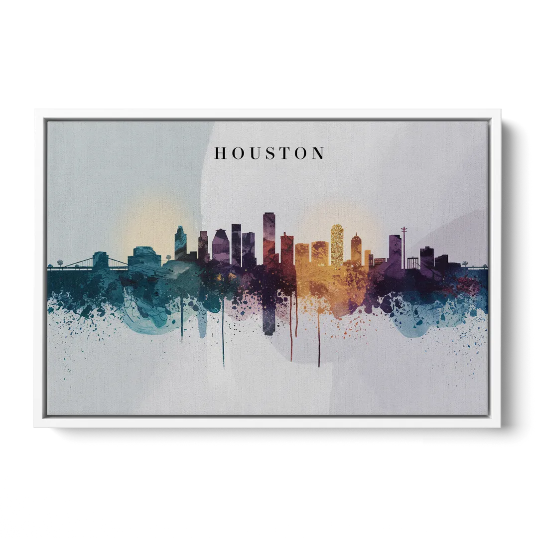 Houston Skyline Horizon Front - White Canvas Wall Art