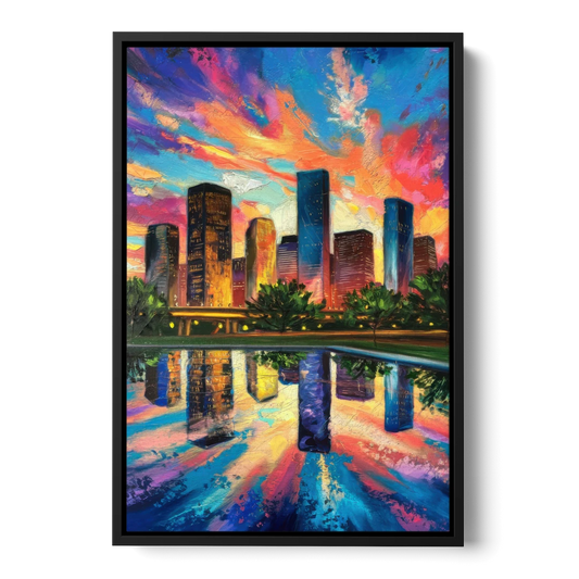 Houston Skyline Reflections - Black Framed Canvas Wall Art - Front