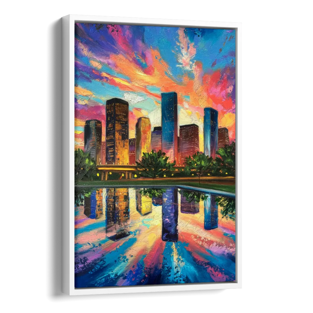 Houston Skyline Reflections Side - White Canvas Wall Art