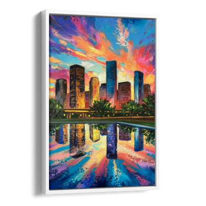 Houston Skyline Reflections Side - White Canvas Wall Art