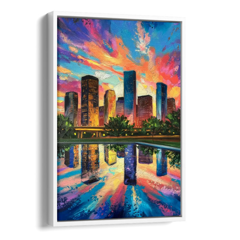Houston Skyline Reflections Side - White Canvas Wall Art