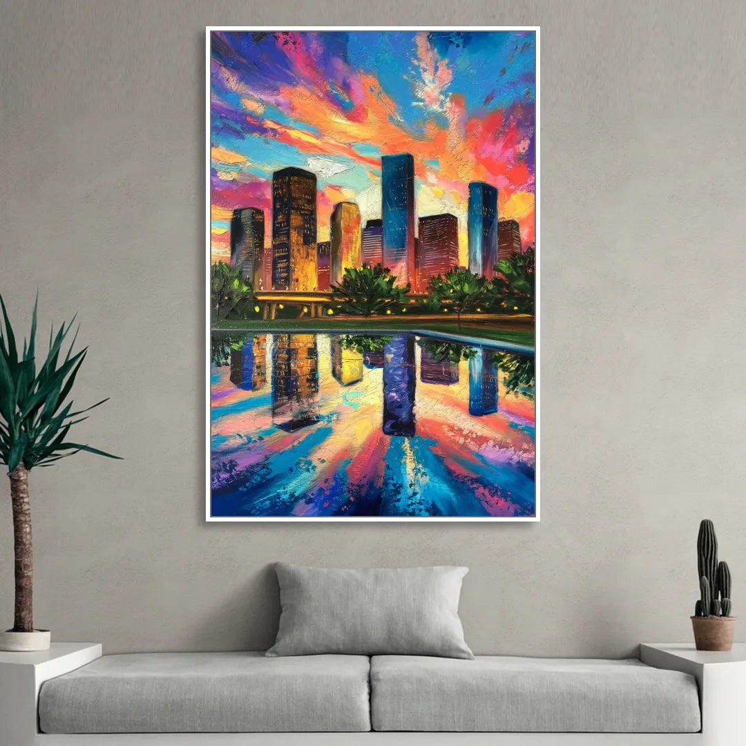 Houston Skyline Reflections Sitting Room - White Canvas Wall Art