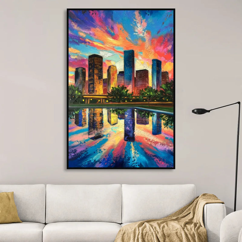 Houston Skyline Reflections Sitting Room - Black Canvas Wall Art