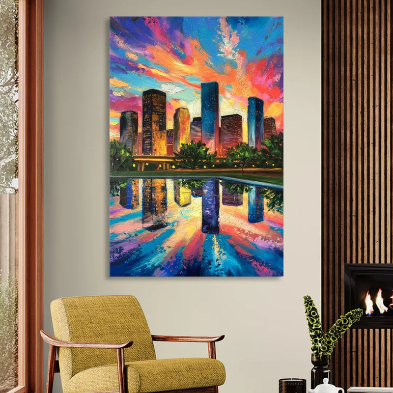 Houston Skyline Reflections Living Room - Canvas Wall Art
