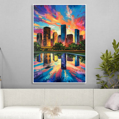 Houston Skyline Reflections Living Room - White Canvas Wall Art