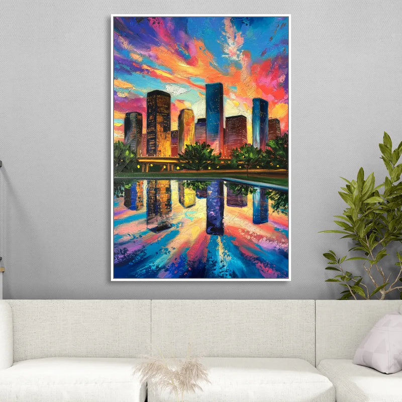 Houston Skyline Reflections Living Room - White Canvas Wall Art