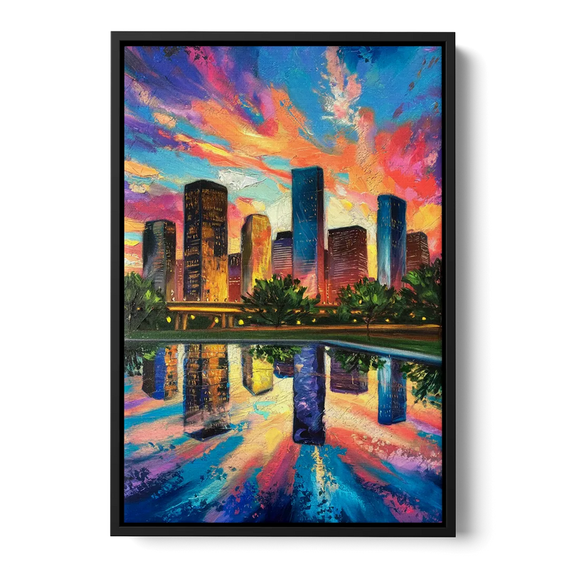 Houston Skyline Reflections Front - Black Canvas Wall Art