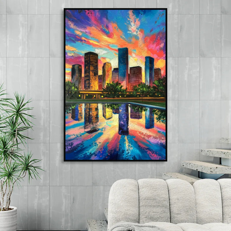 Houston Skyline Reflections Living Room - Black Canvas Wall Art