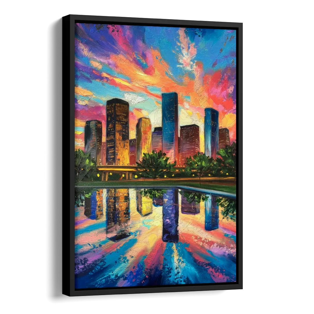 Houston Skyline Reflections Side - Black Canvas Wall Art