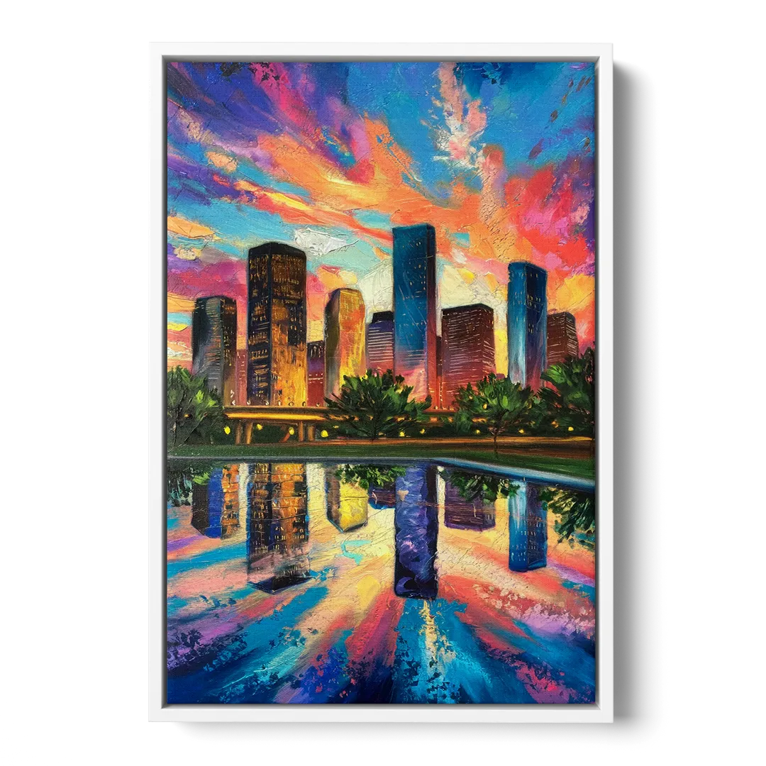 Houston Skyline Reflections Front - White Canvas Wall Art