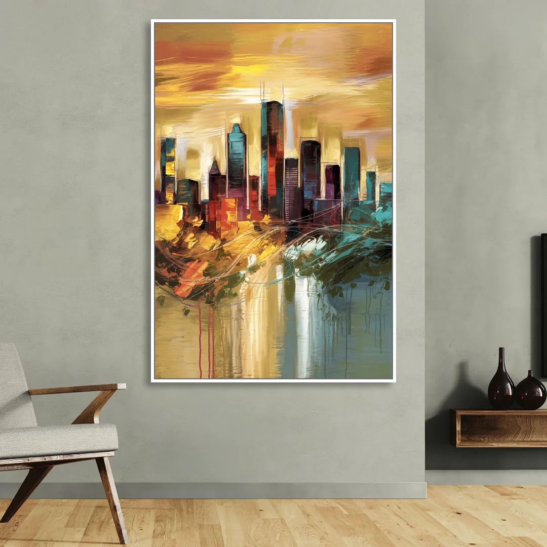 Houston Skyline View Sitting Room - White Canvas Wall Art