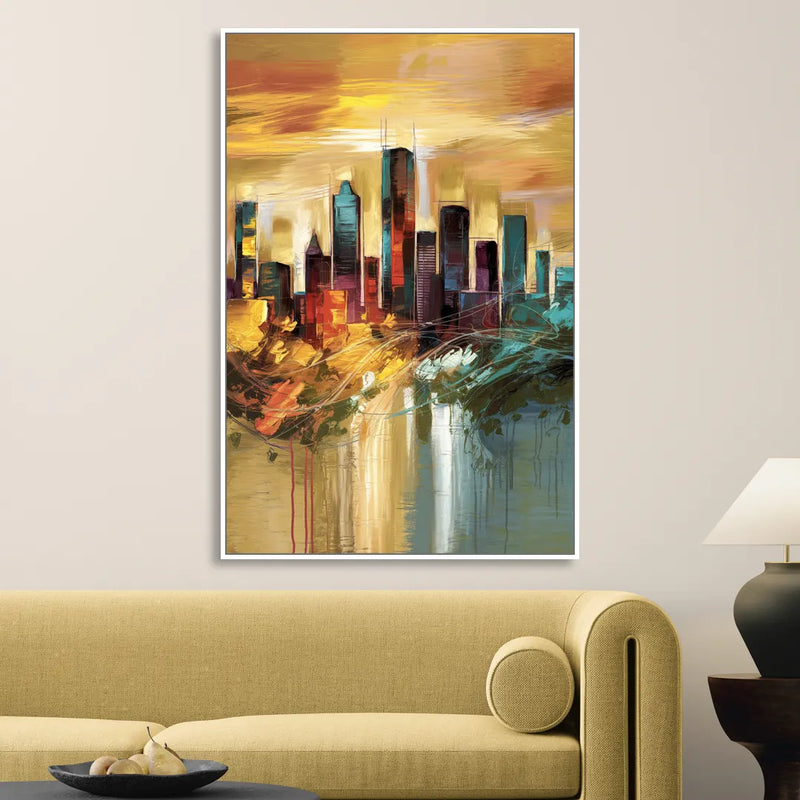 Houston Skyline View Living Room - White Canvas Wall Art