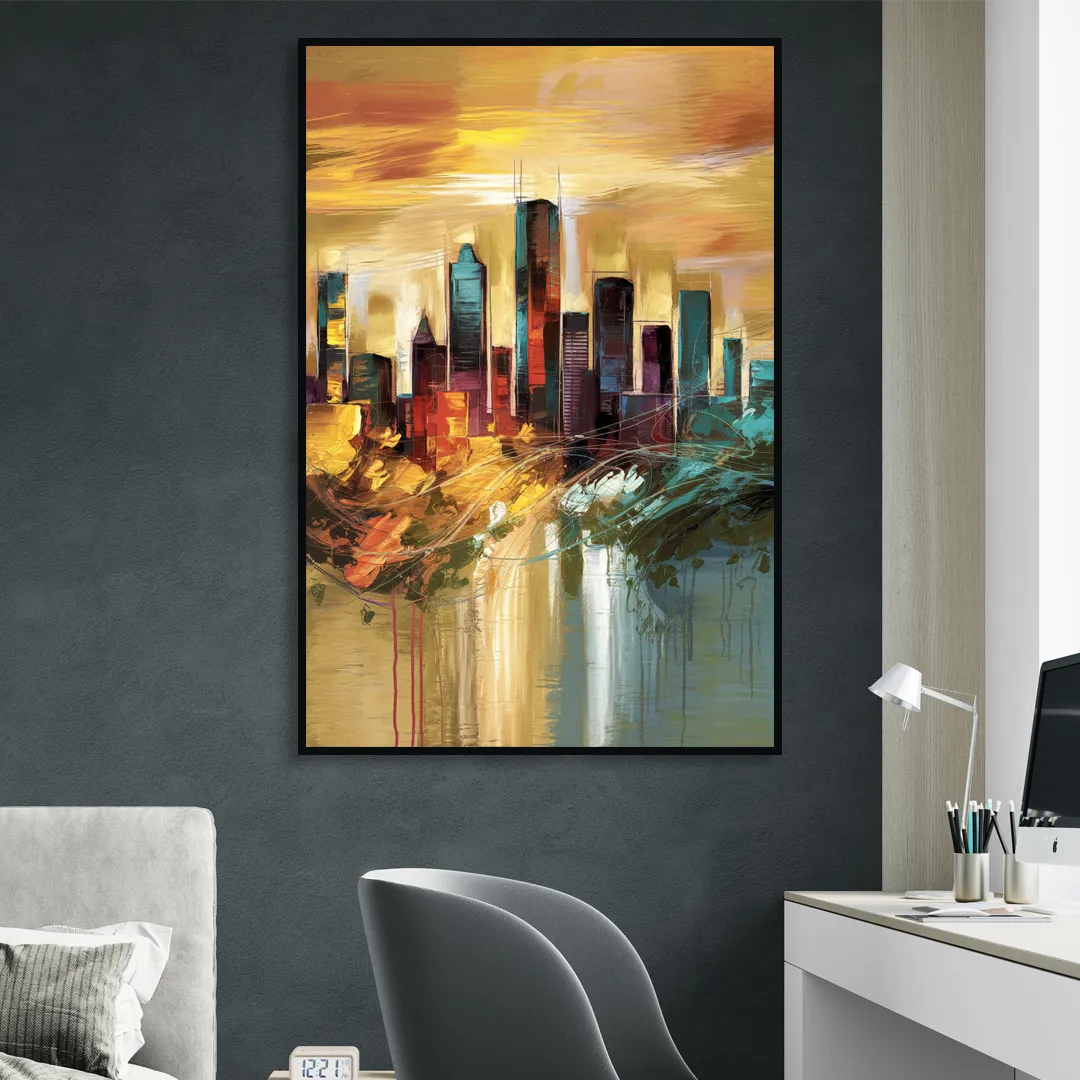 Houston Skyline View Sitting Room - Black Canvas Wall Art
