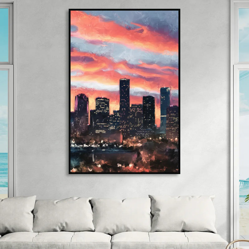 Houston Sunset Skyline Sitting Room - Black Canvas Wall Art