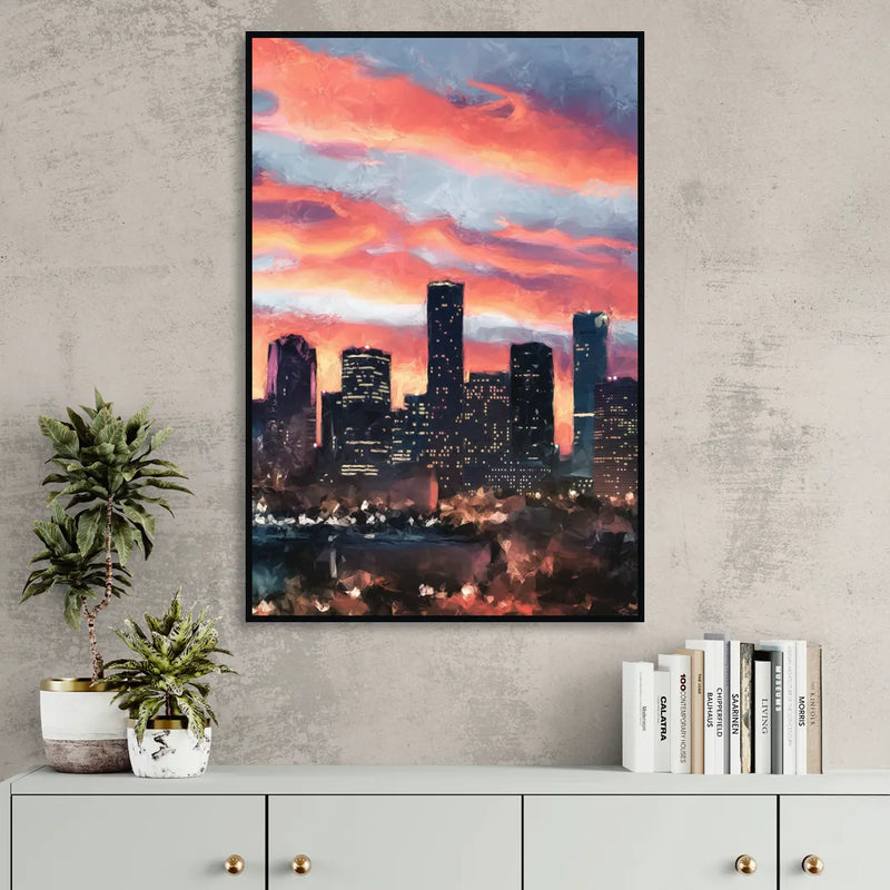 Houston Sunset Skyline Living Room - Black Canvas Wall Art