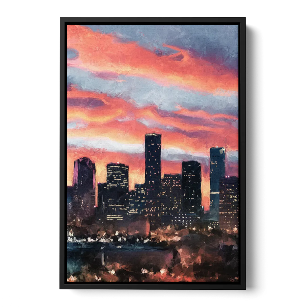 Houston Sunset Skyline Front - Black Canvas Wall Art
