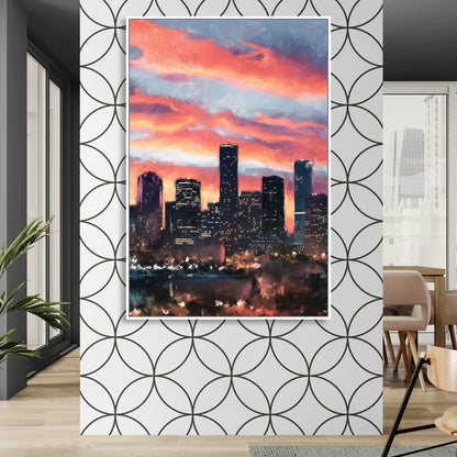 Houston Sunset Skyline Sitting Room - White Canvas Wall Art